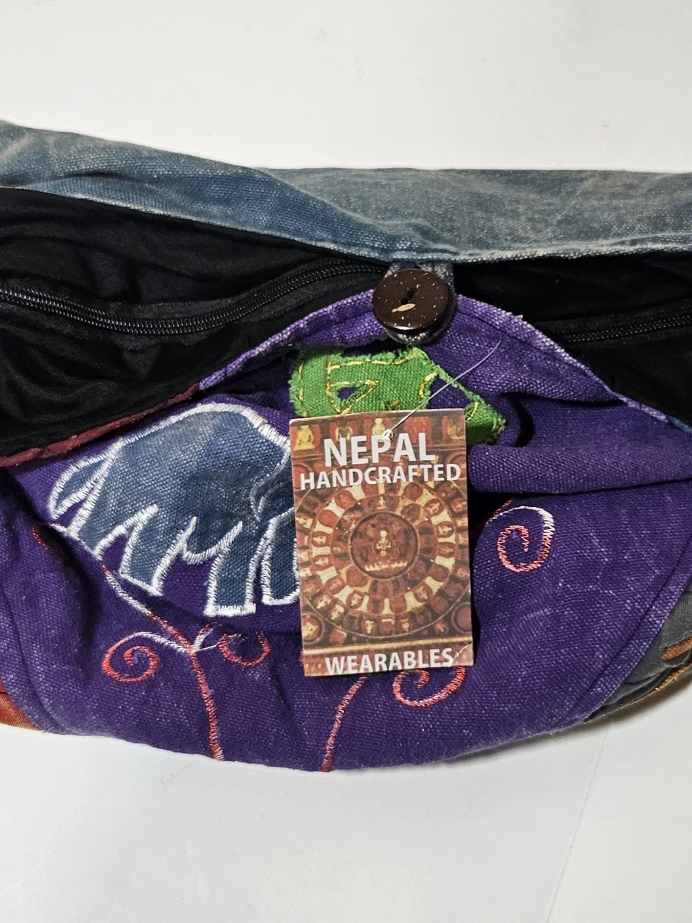 NWT Nepal Handcrafted Boho Patchwork Crossbody Sling Bag Elephant Om Peace Sign